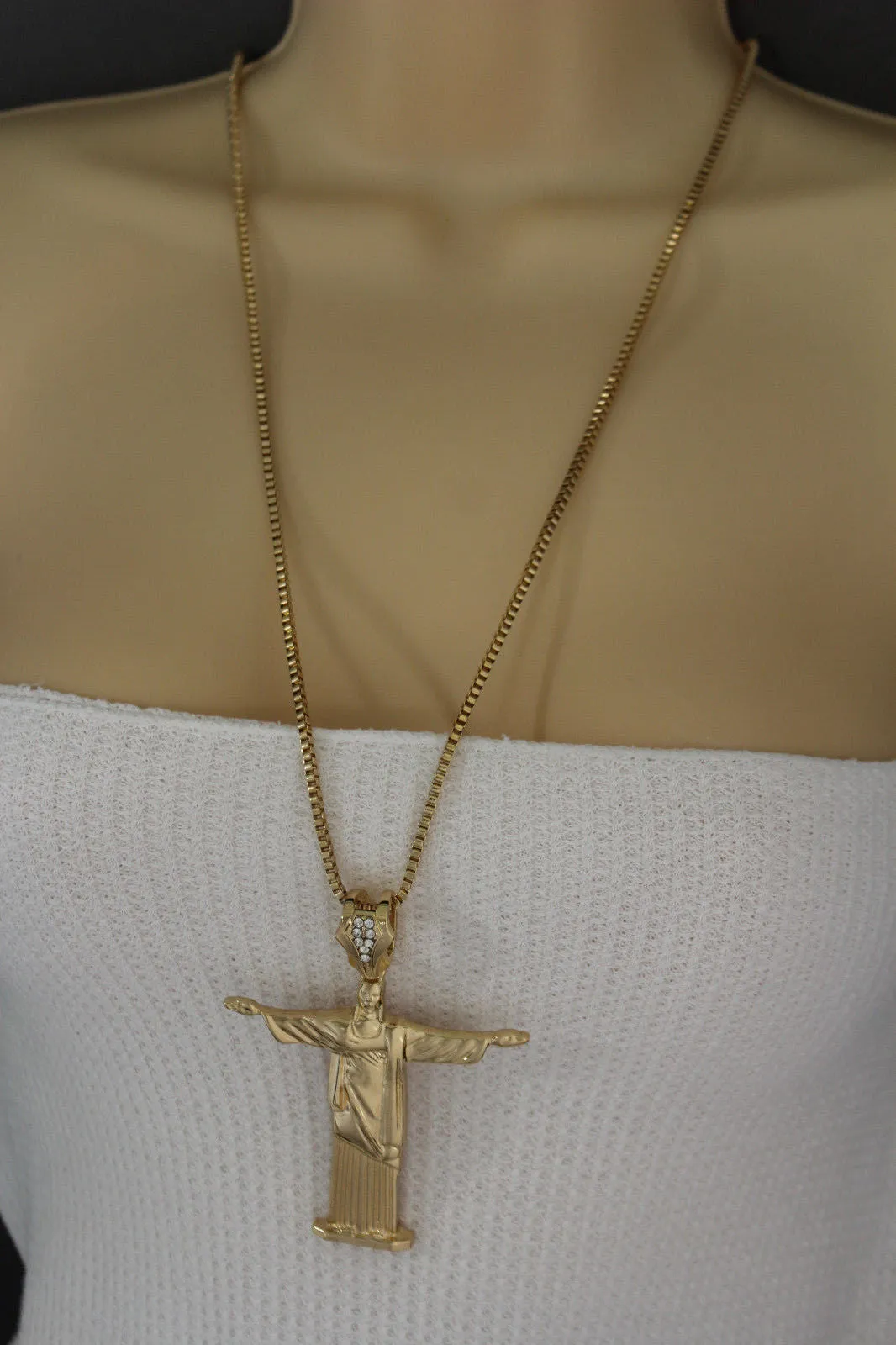 Gold Metal Long Thin Chain Large Cross Jesus Christ Redeemer Necklace