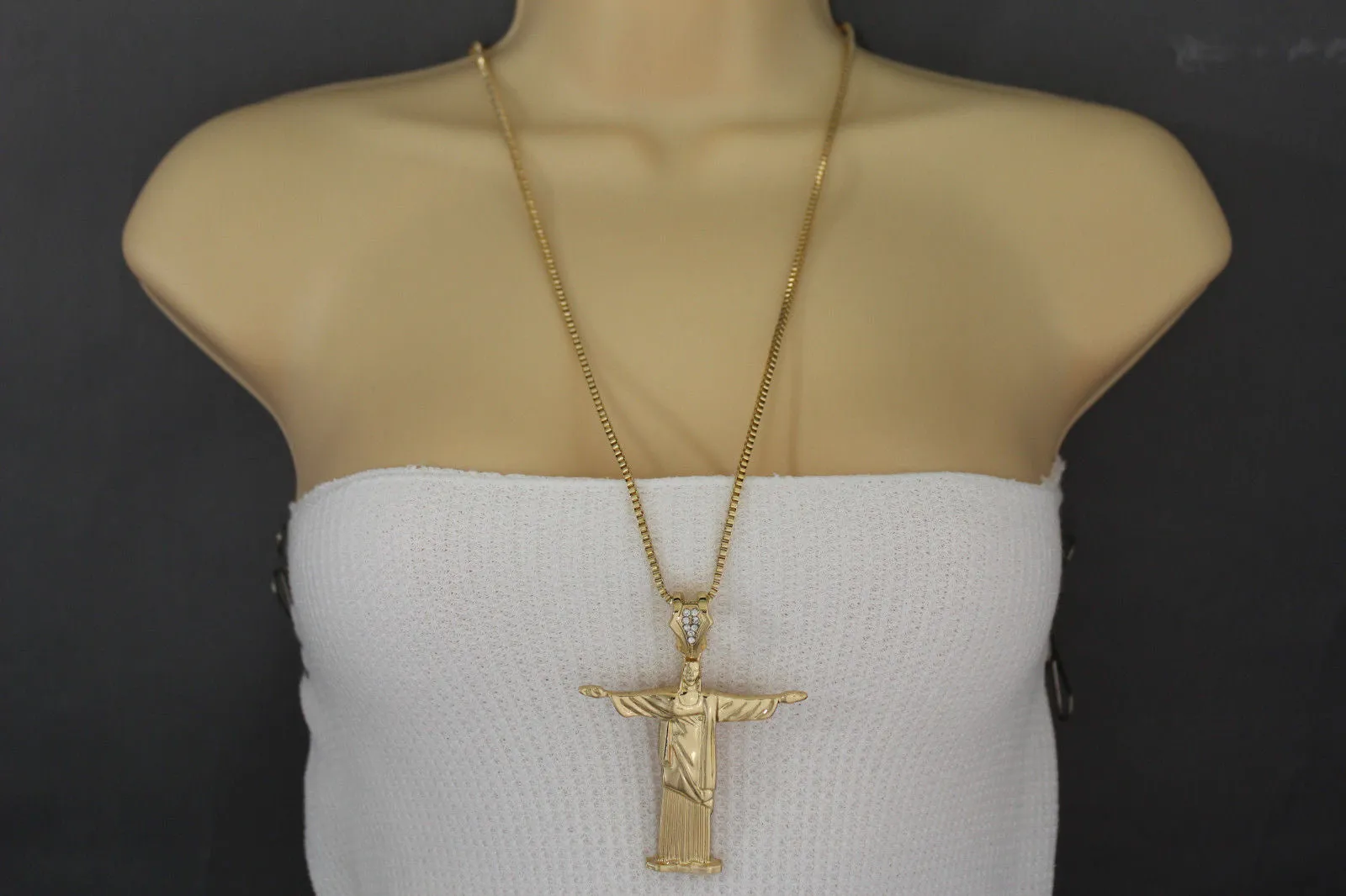 Gold Metal Long Thin Chain Large Cross Jesus Christ Redeemer Necklace