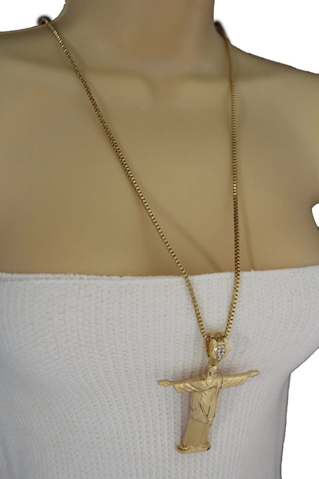 Gold Metal Long Thin Chain Large Cross Jesus Christ Redeemer Necklace