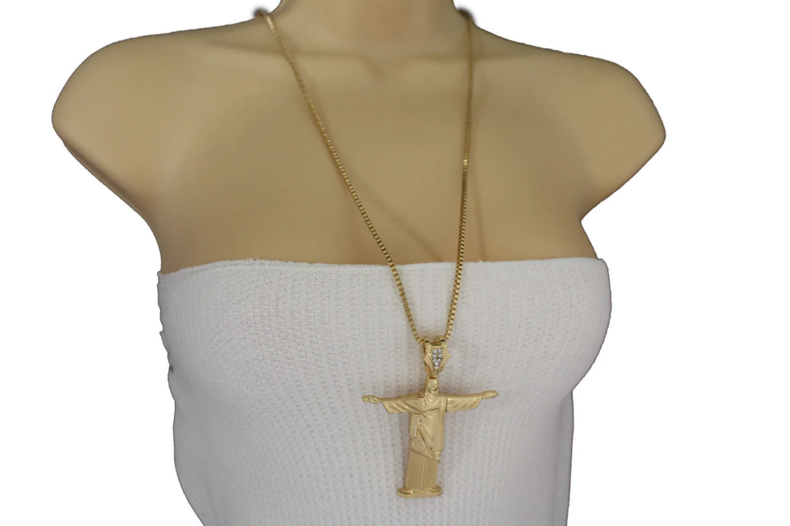 Gold Metal Long Thin Chain Large Cross Jesus Christ Redeemer Necklace