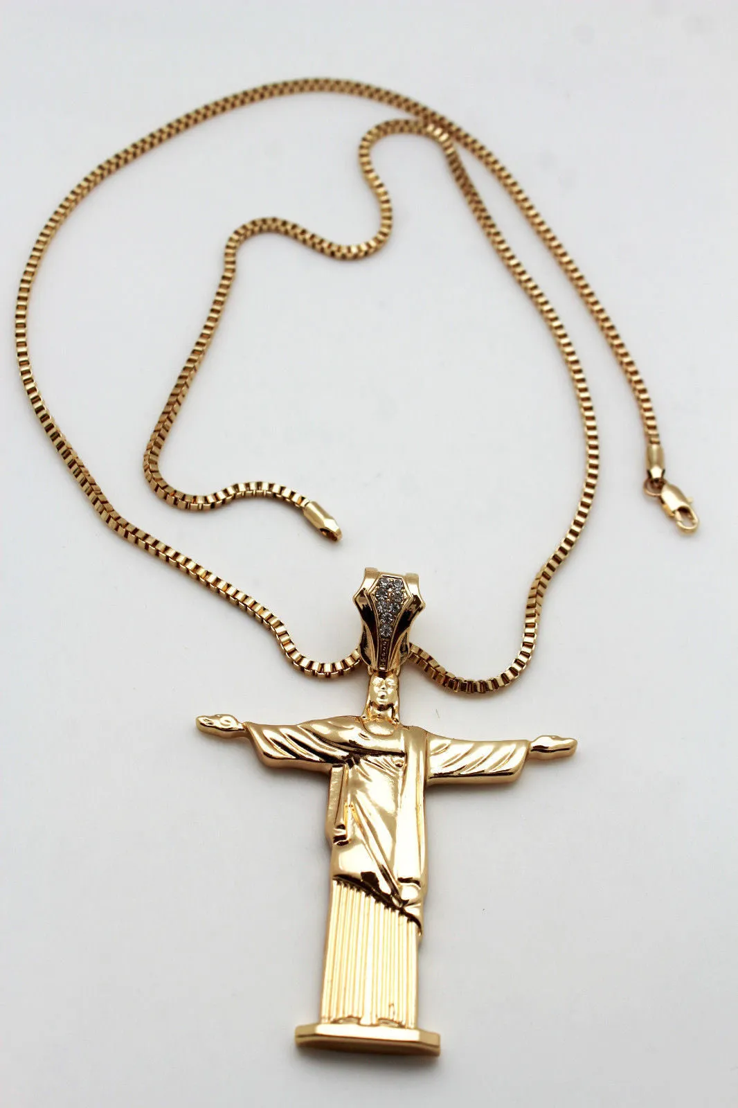 Gold Metal Long Thin Chain Large Cross Jesus Christ Redeemer Necklace