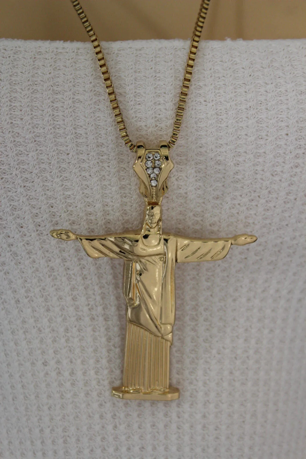 Gold Metal Long Thin Chain Large Cross Jesus Christ Redeemer Necklace