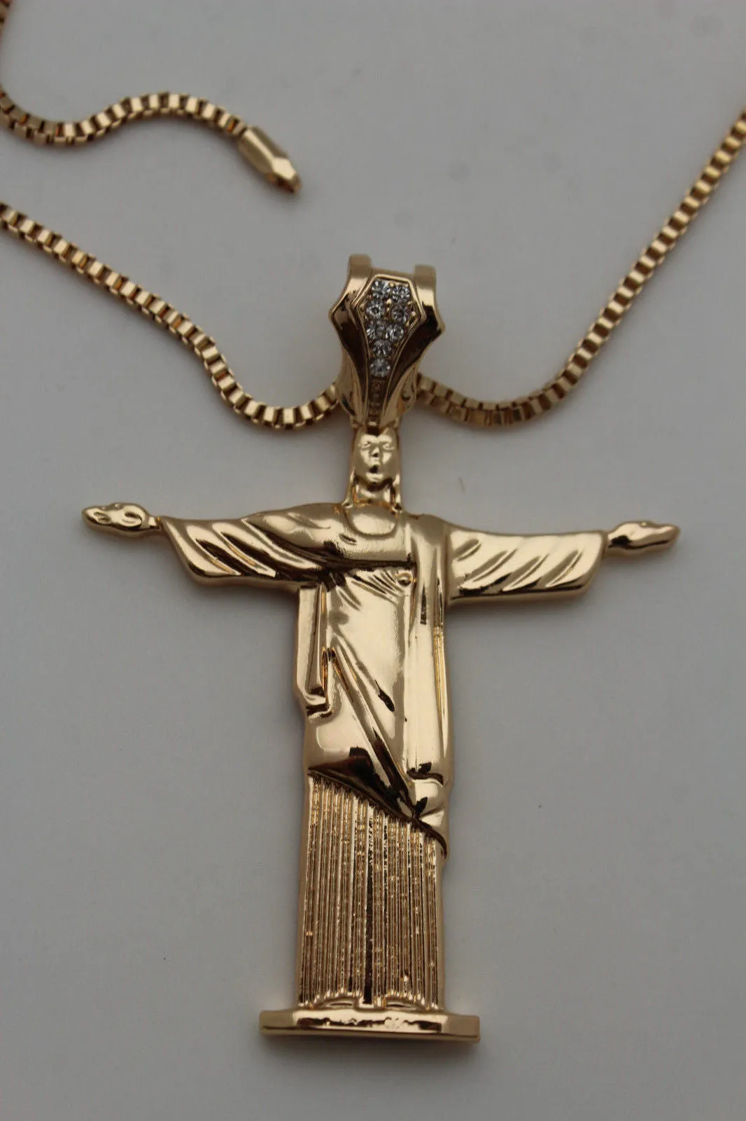 Gold Metal Long Thin Chain Large Cross Jesus Christ Redeemer Necklace