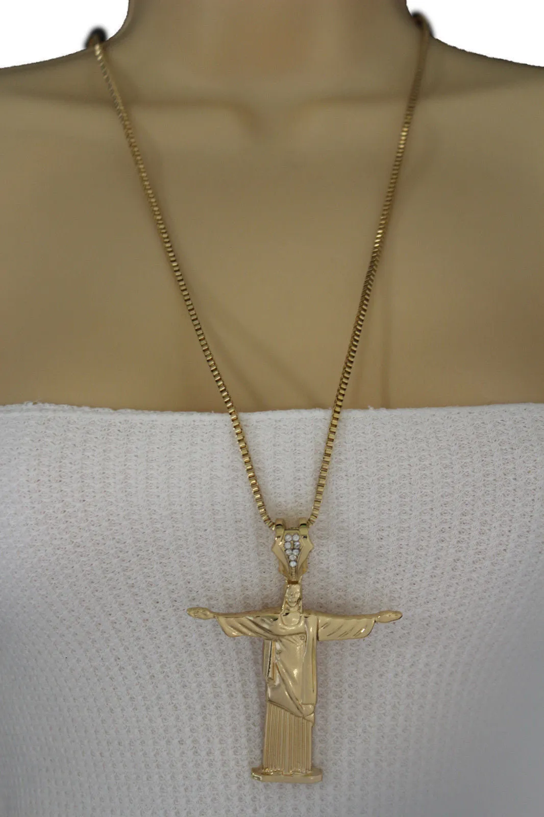 Gold Metal Long Thin Chain Large Cross Jesus Christ Redeemer Necklace