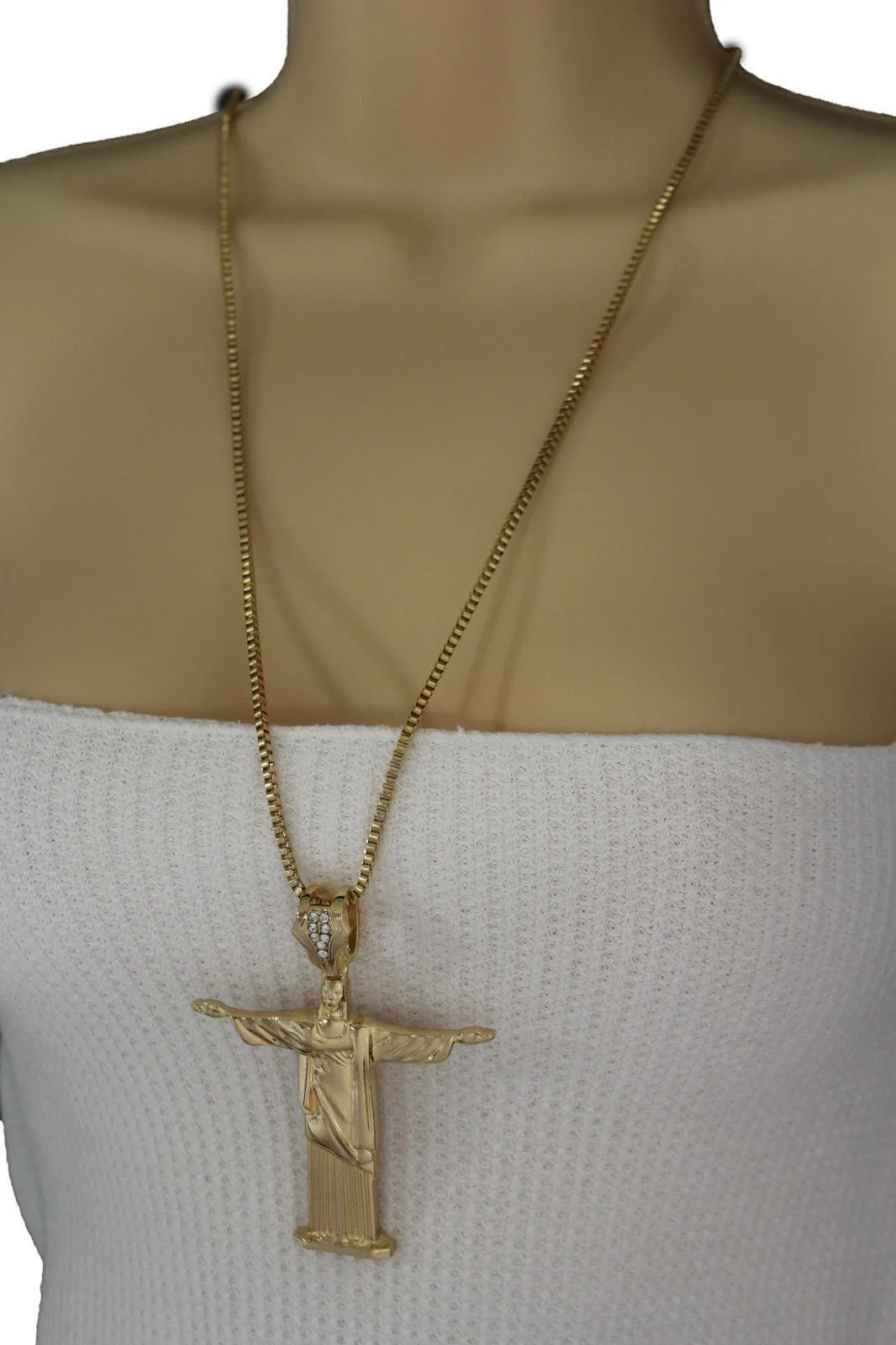 Gold Metal Long Thin Chain Large Cross Jesus Christ Redeemer Necklace