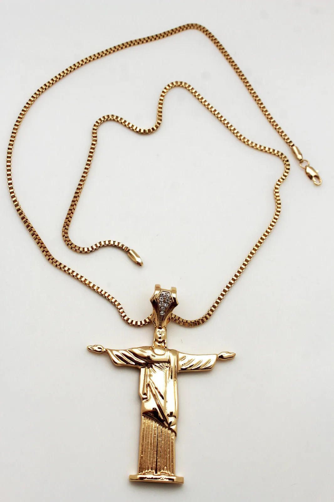 Gold Metal Long Thin Chain Large Cross Jesus Christ Redeemer Necklace