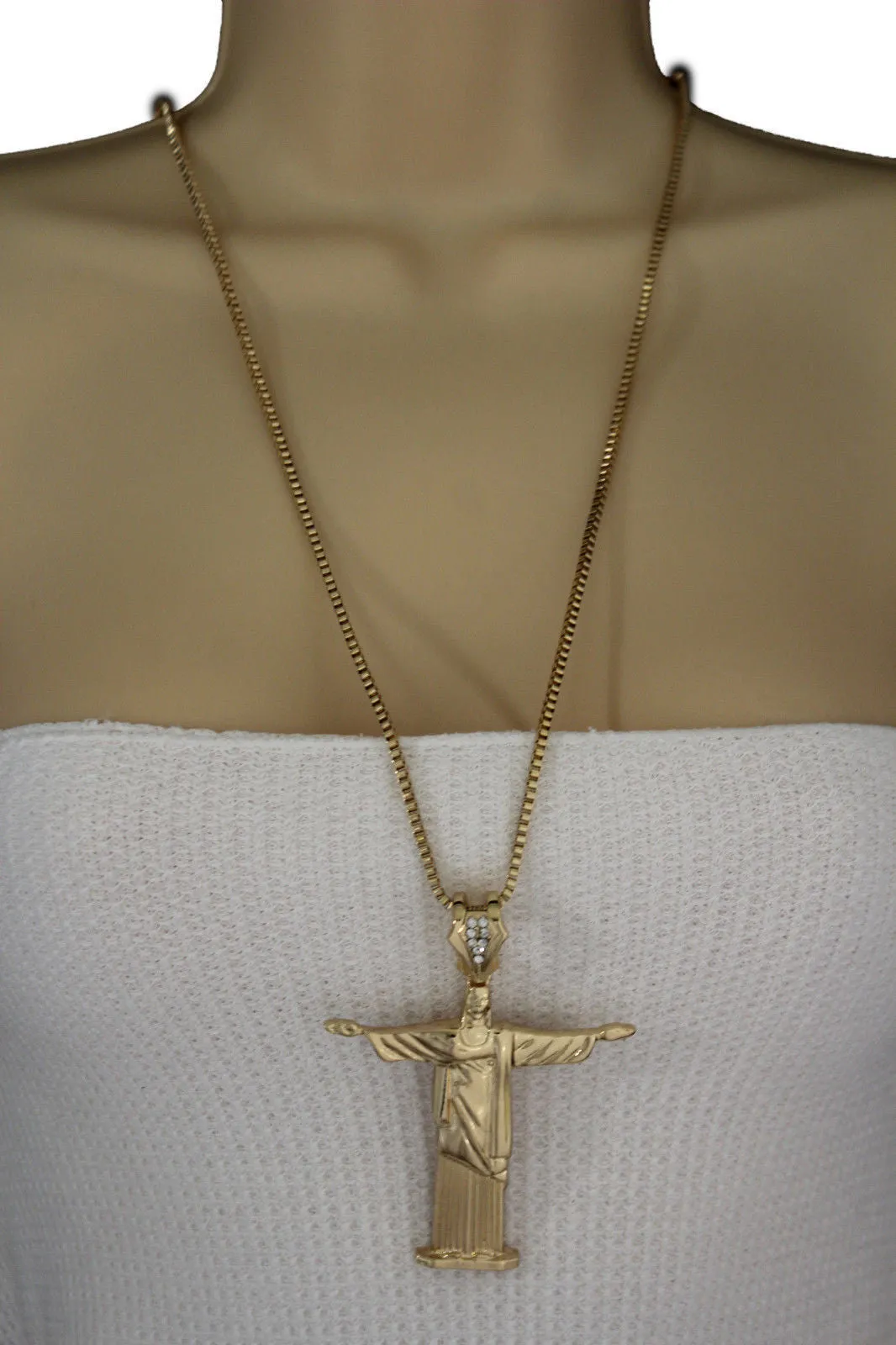 Gold Metal Long Thin Chain Large Cross Jesus Christ Redeemer Necklace