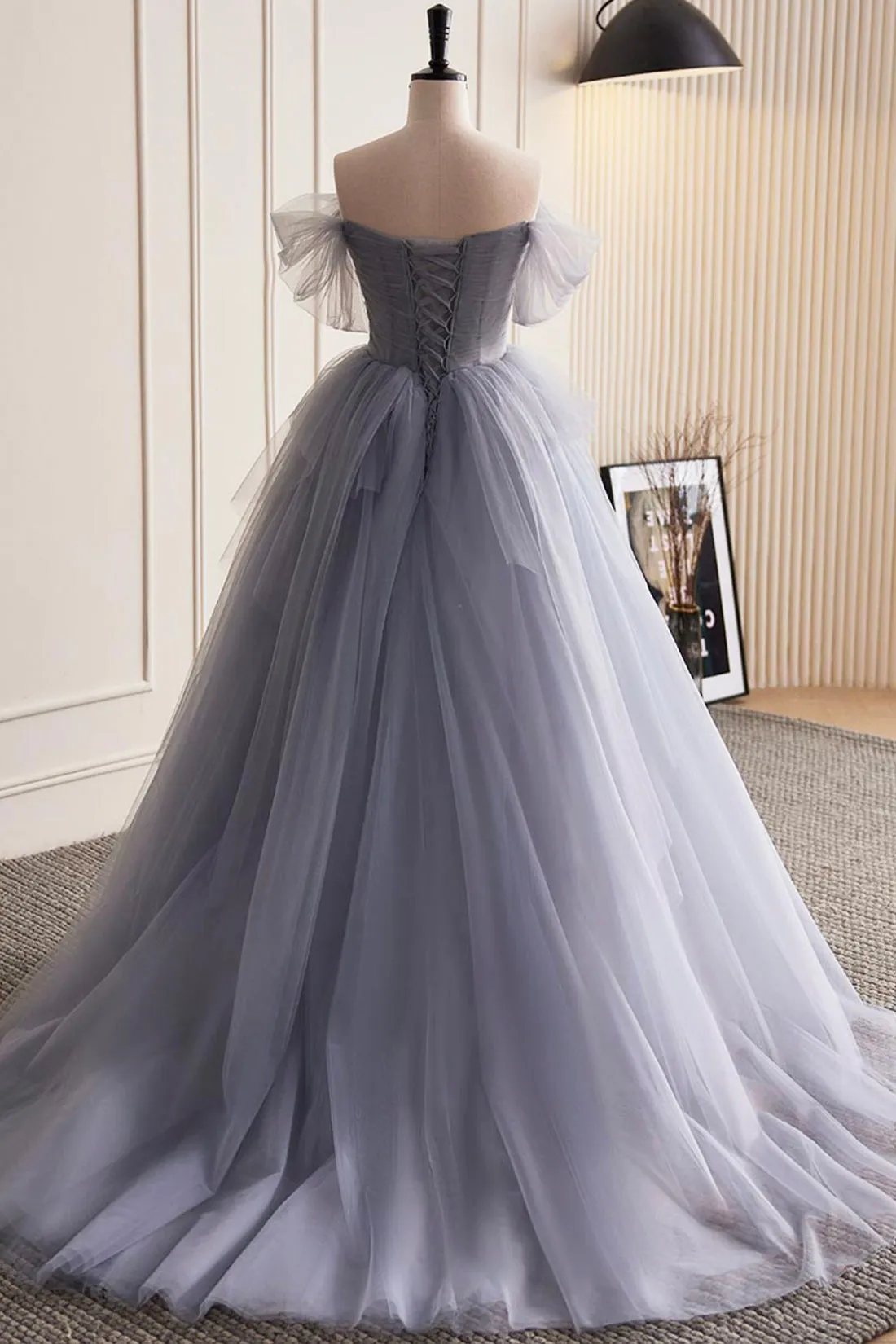 Gray Tulle Long Prom Dress, Off Shoulder Evening Dress Party Dress