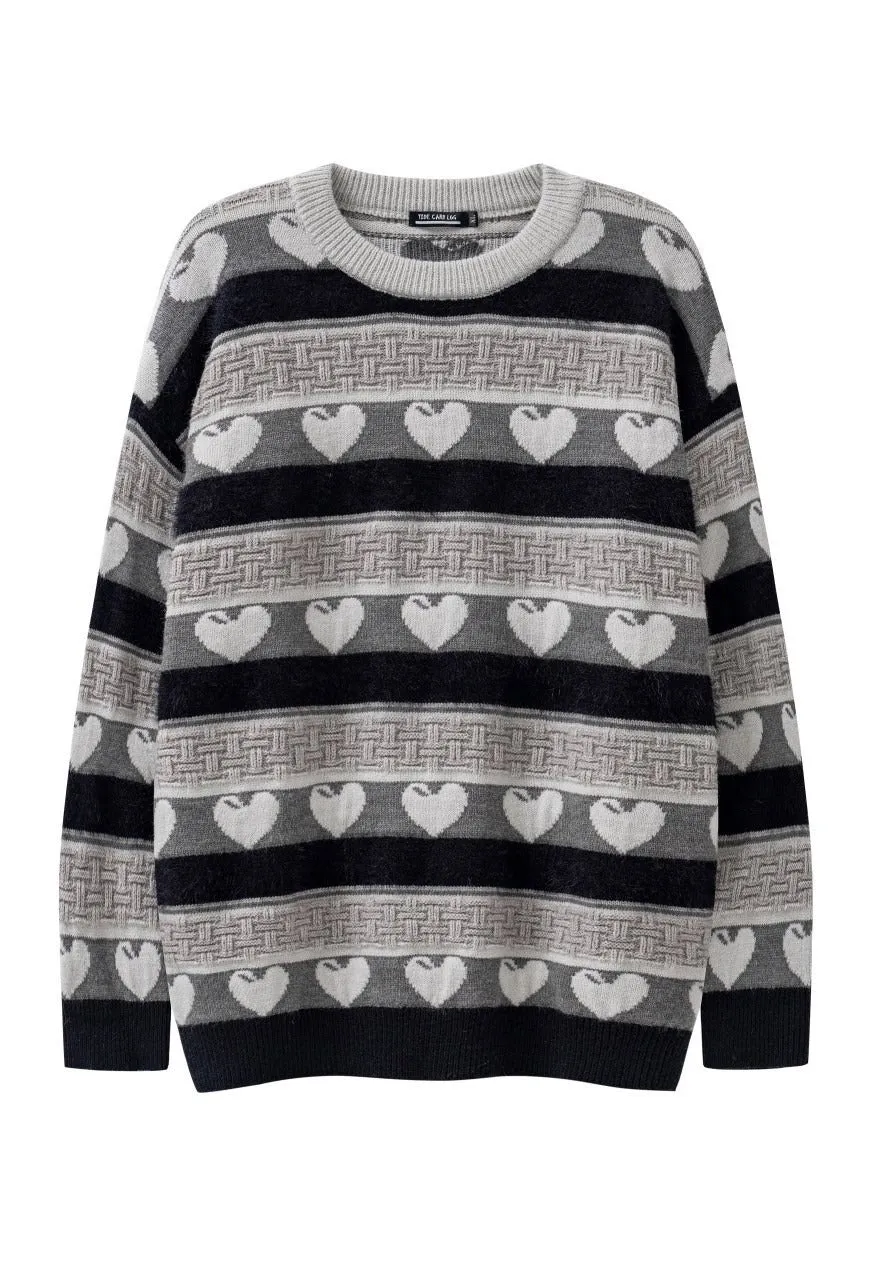 Heart print sweater preppy jumper knitted love top in grey