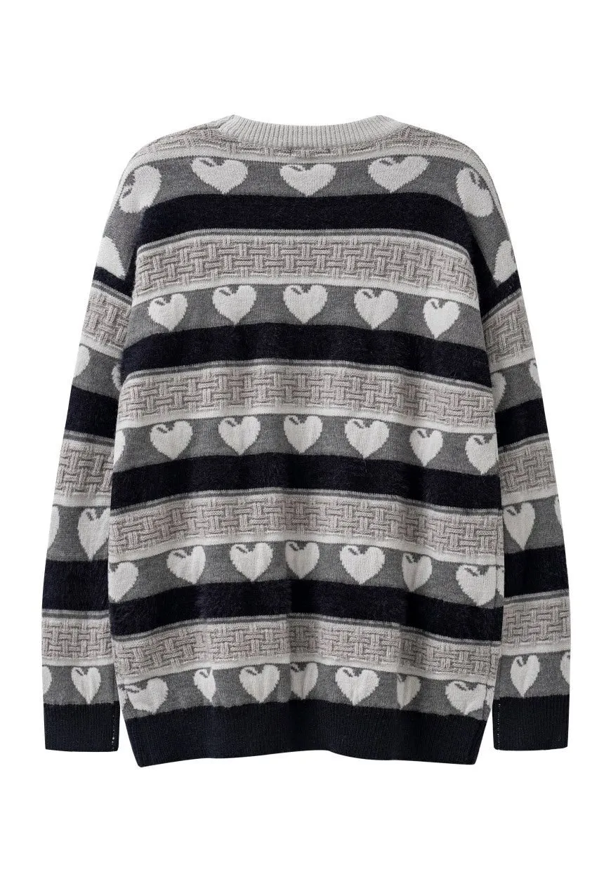 Heart print sweater preppy jumper knitted love top in grey