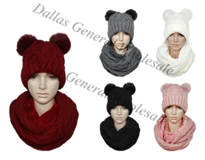 Ladies Double Pom Pom Beanie w/ Scarf Set Wholesale