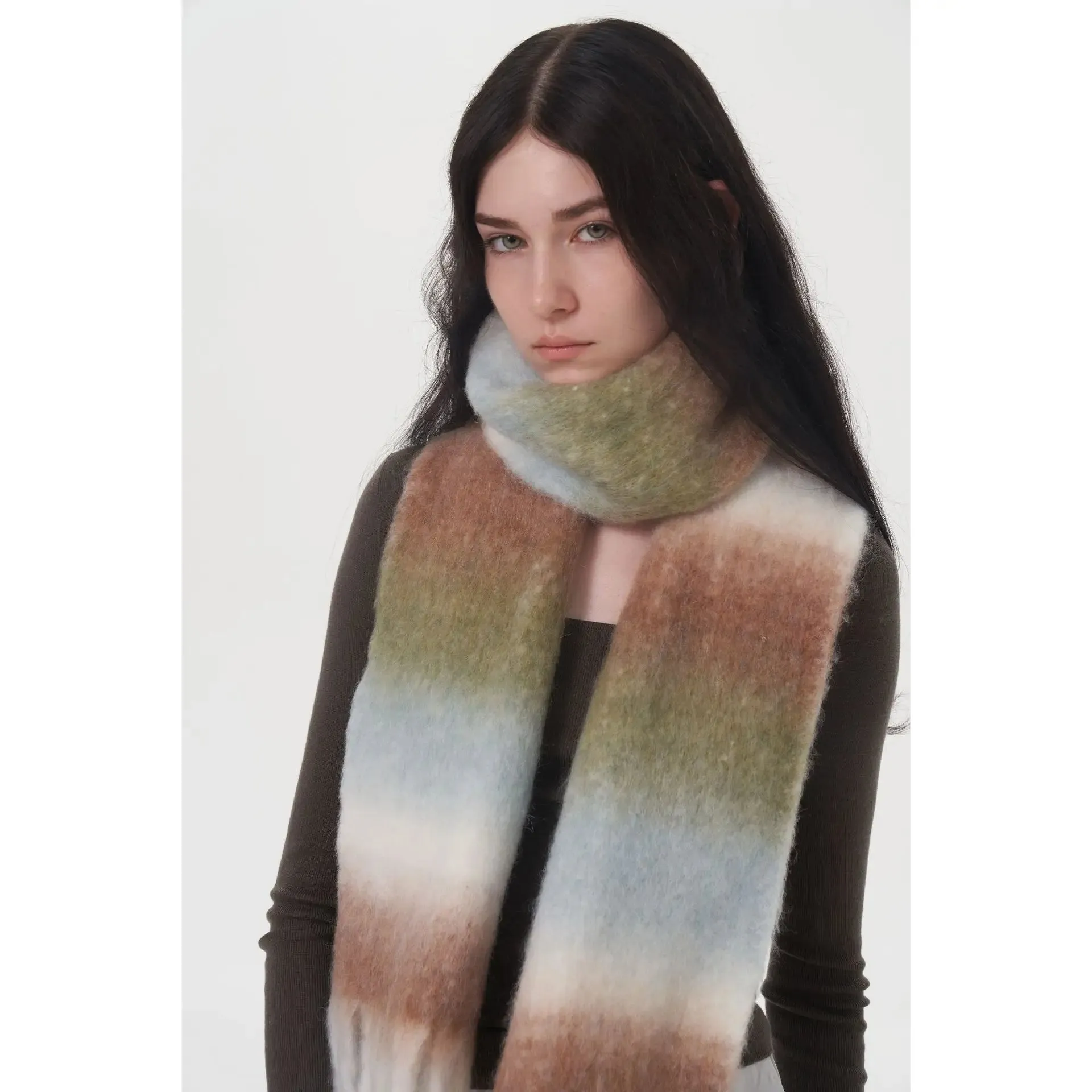 Light Luxury Gradient Color Wool Striped Fringed Mohair Scarf