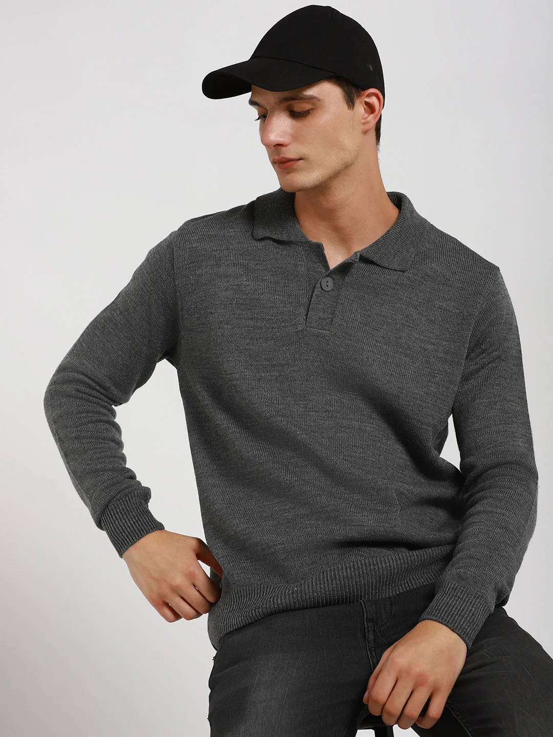 Men's Collar Regular Fit Solid Mid Grey Mel Sweater