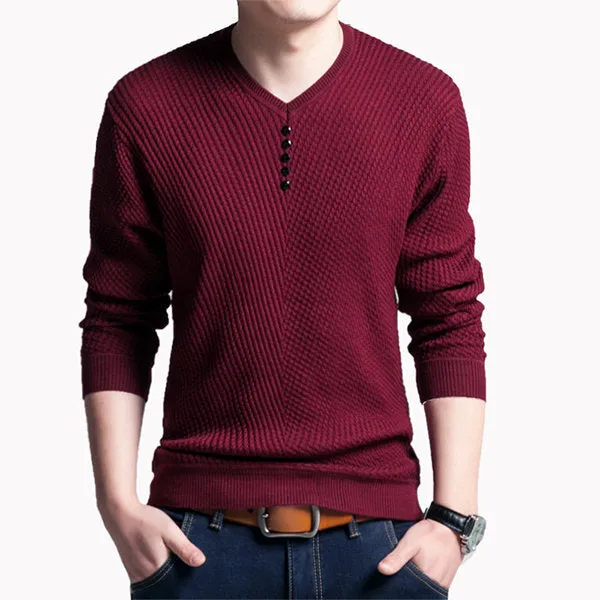 Mens Fall Winter Fashion knitted V Neck Buttons Long Sleeve Casual Sweater