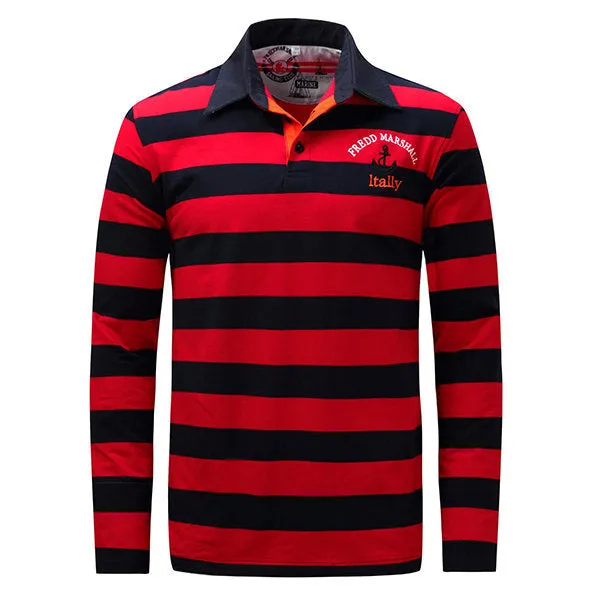 Mens Fall Winter Striped Printed Turn-down Collar Long Sleeve Thicken Casual Cotton Polo Shirt