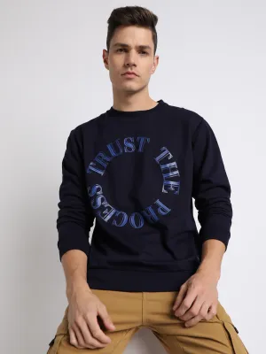 Men's Mock Neck Regular Fit Chest Print Navy Sweatshirt