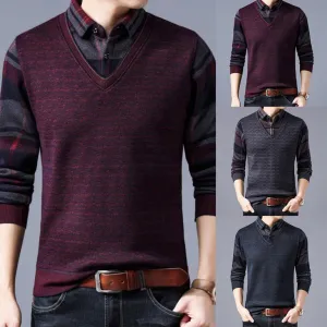 Men's Sweaters Fake Shirt Stripe Knitted Man Sweater Triangle Fashion Casual Cotton Autumn Collar Keep Warm Winter Pull Homme ZD68