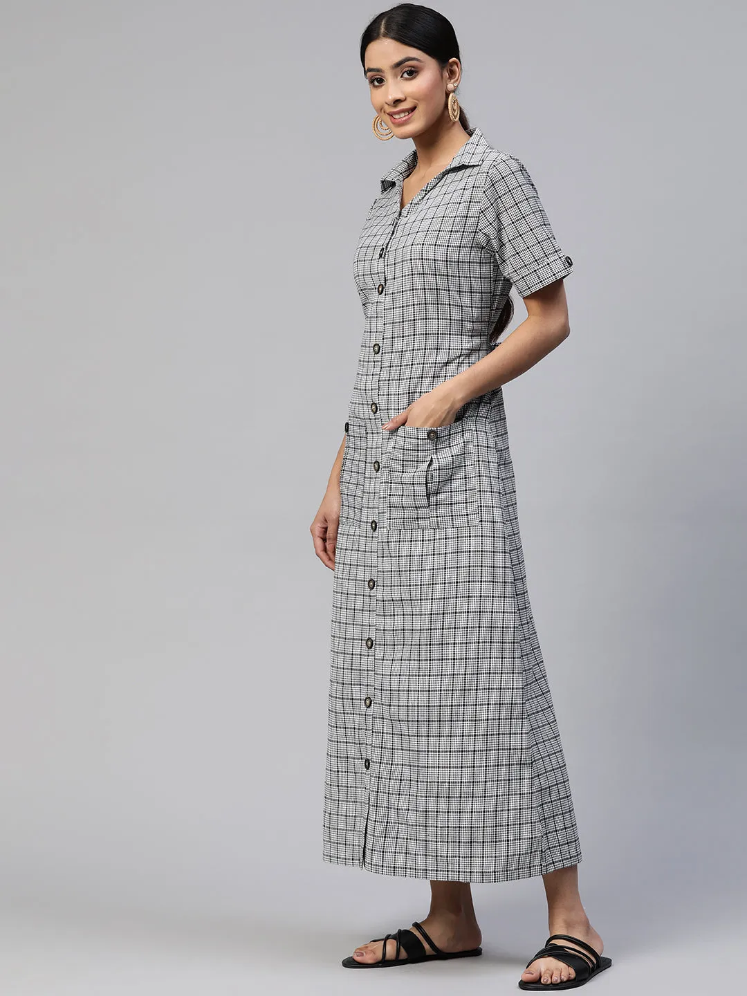 NEW SEASON Cottinfab Checked Shirt Cotton Maxi Dress