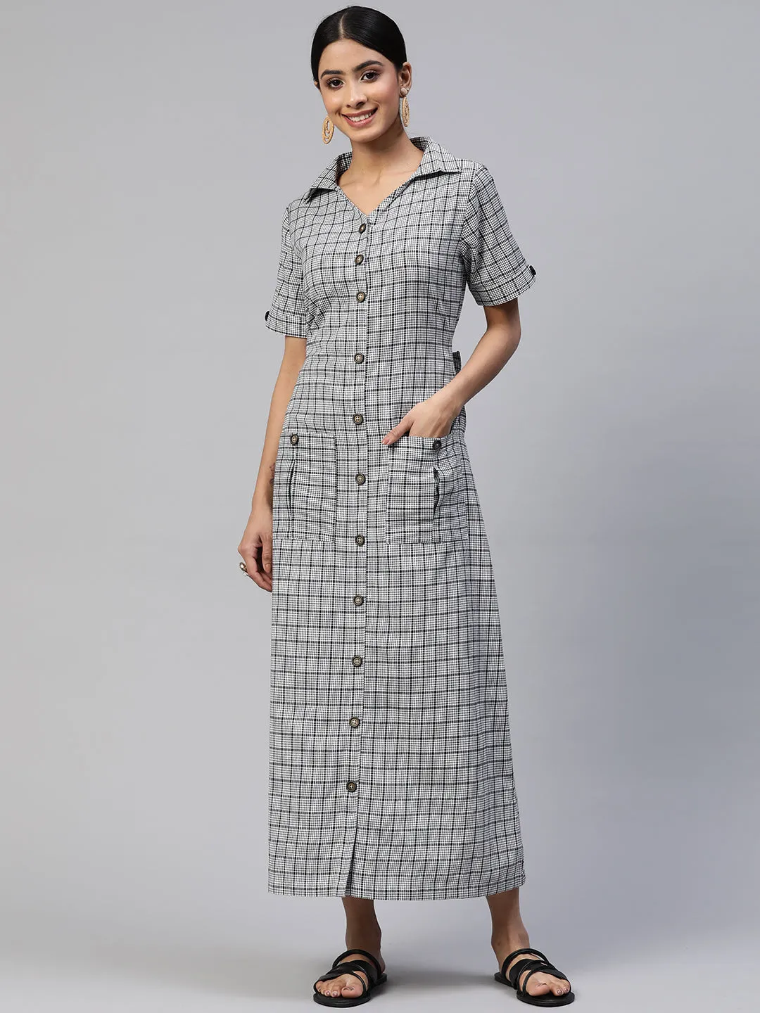 NEW SEASON Cottinfab Checked Shirt Cotton Maxi Dress