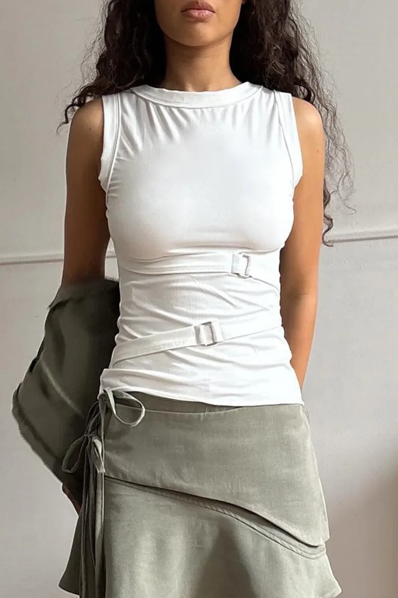 Round Neck Sleeveless Buckle Belt Top