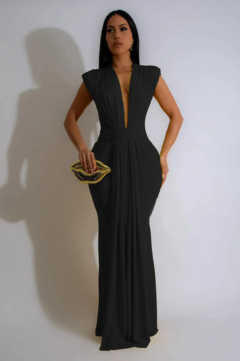 Sleeveless Deep V Neck Pleated Bodycon Maxi Dress