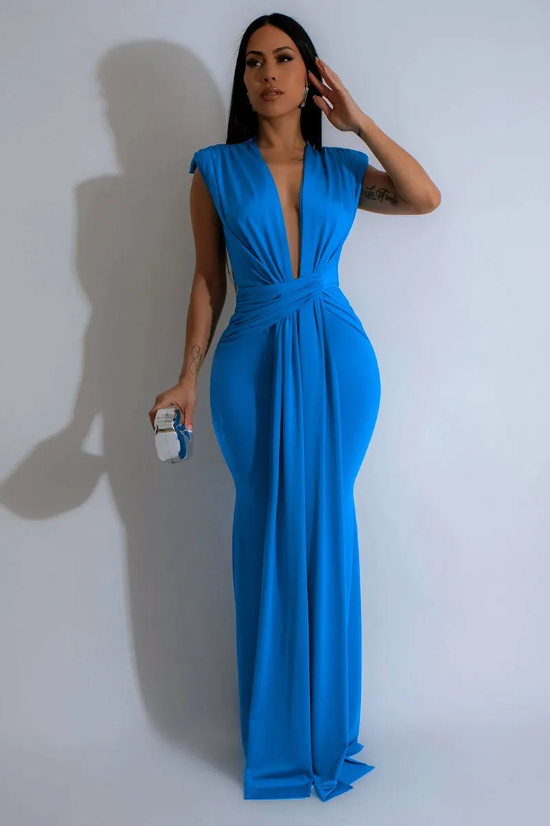 Sleeveless Deep V Neck Pleated Bodycon Maxi Dress