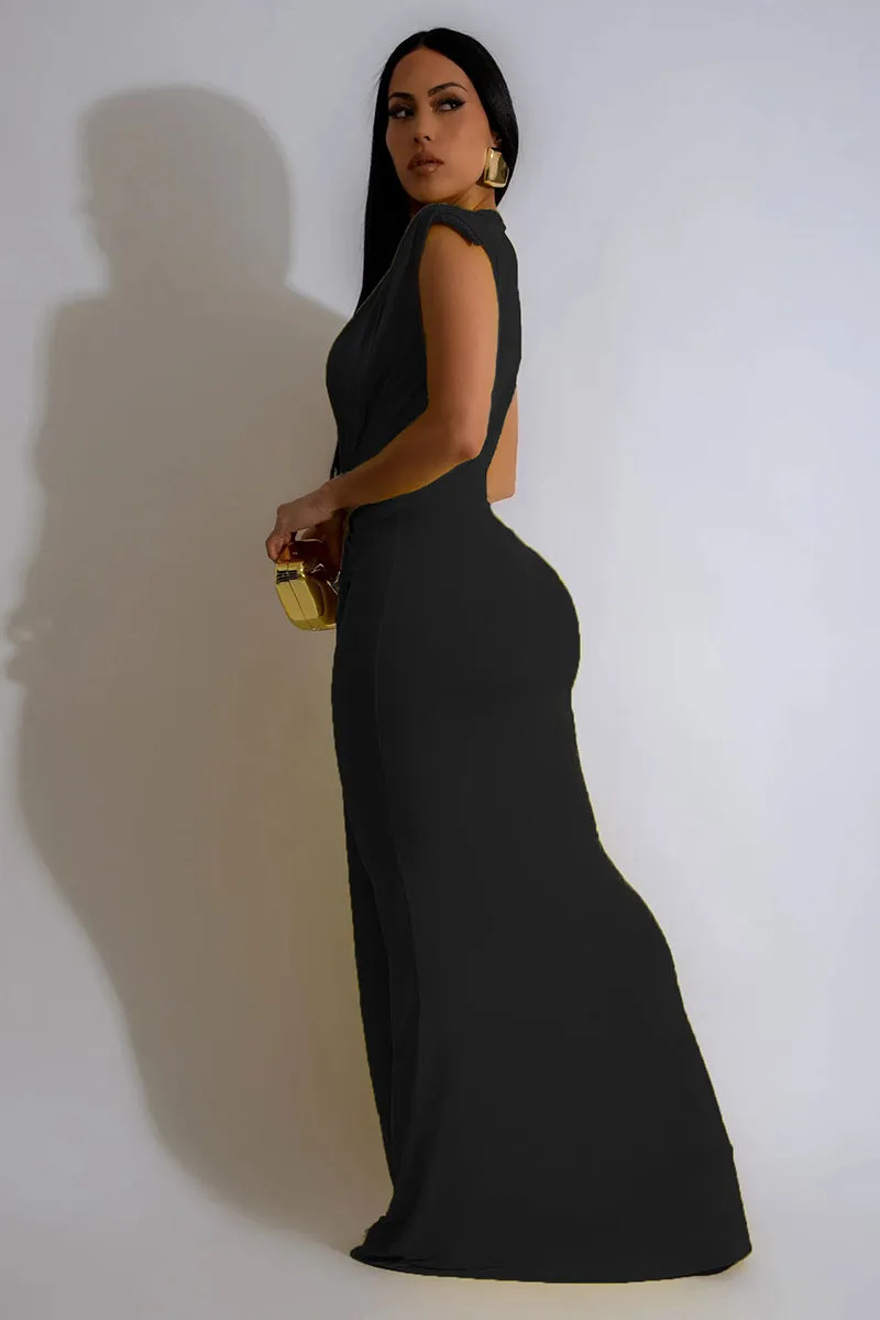 Sleeveless Deep V Neck Pleated Bodycon Maxi Dress