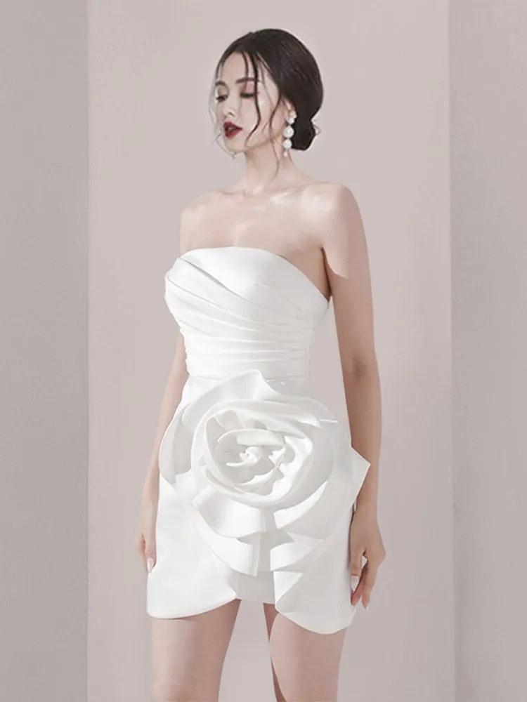 Strapless White Dress Flowers Folds