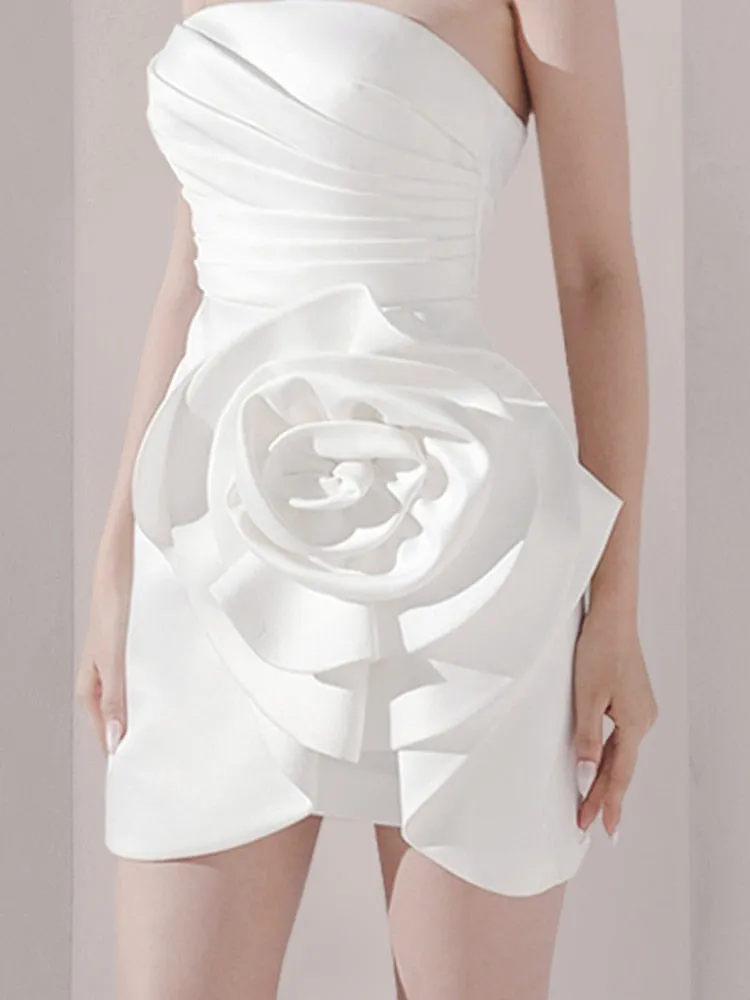 Strapless White Dress Flowers Folds