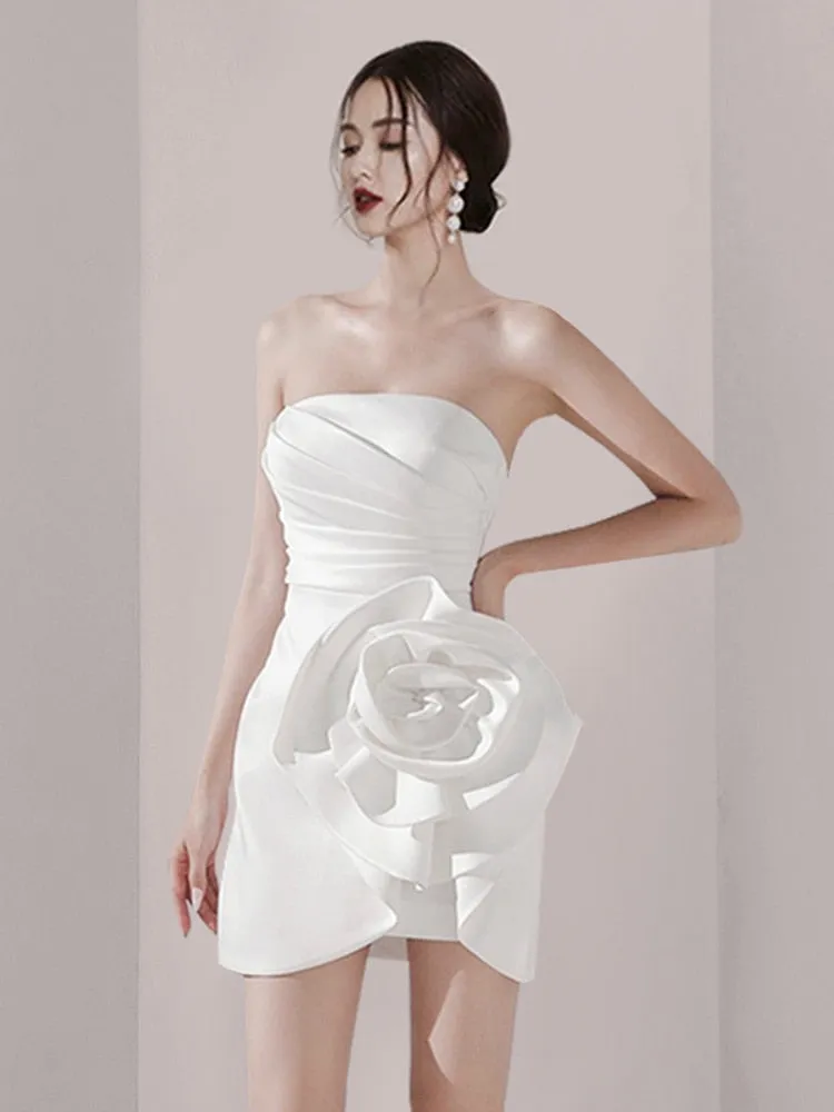 Strapless White Dress Flowers Folds