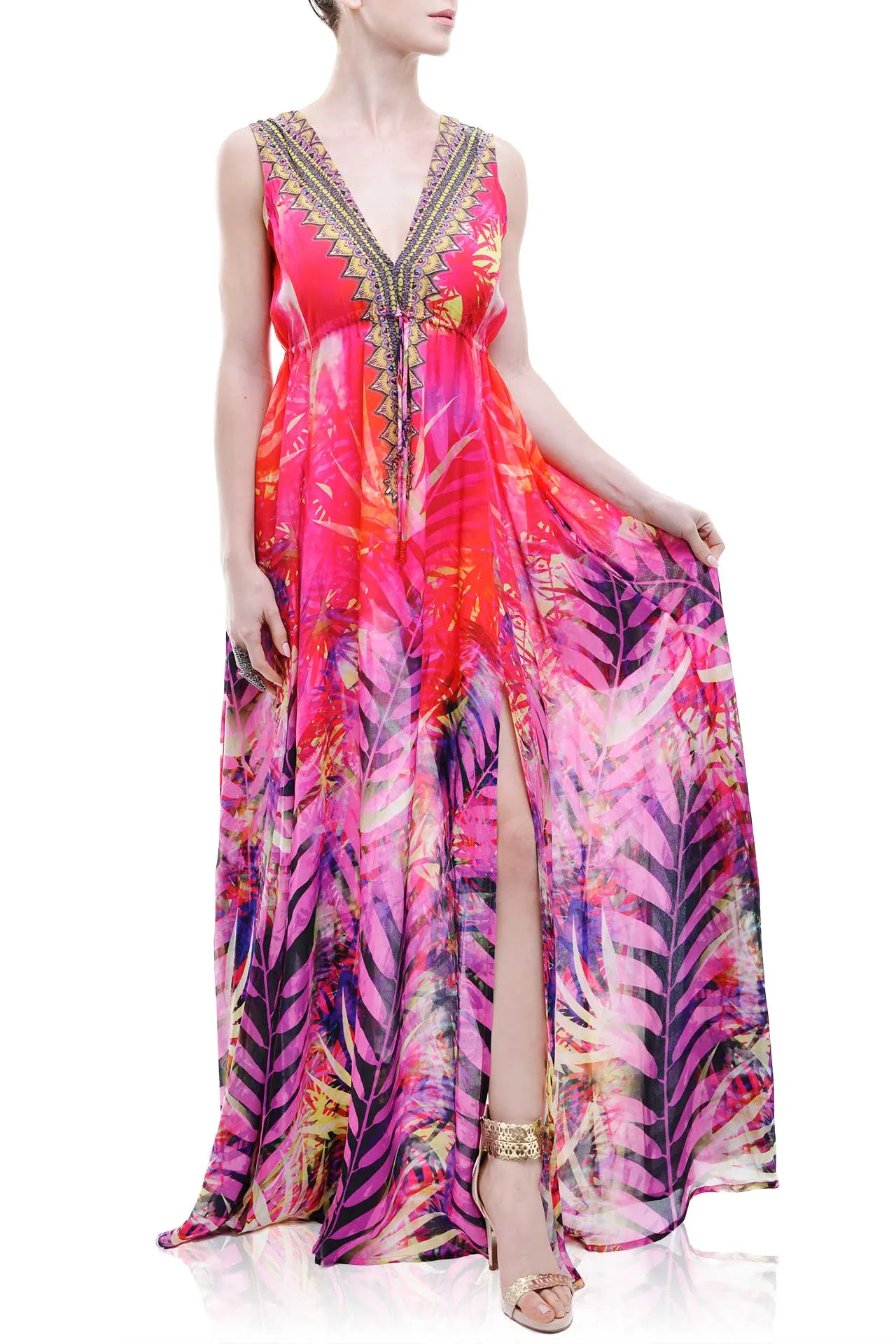 Tropical Print Red Maxi Dress