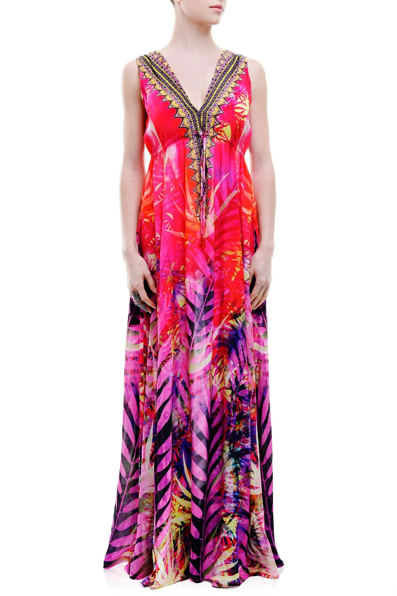 Tropical Print Red Maxi Dress