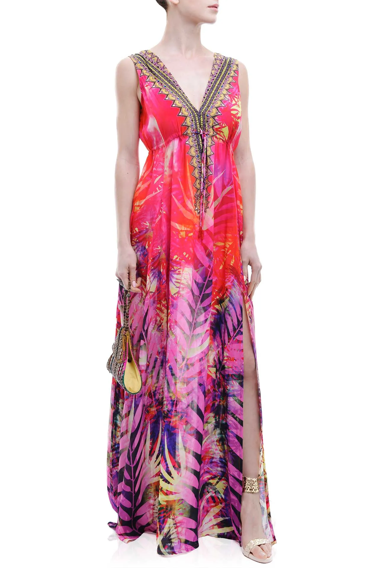 Tropical Print Red Maxi Dress