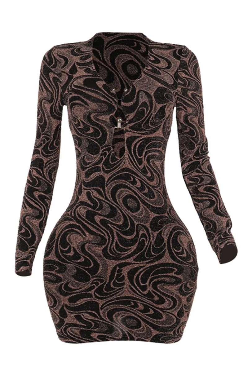 V Neck Brown Ripple Print Hollow Mini Dress