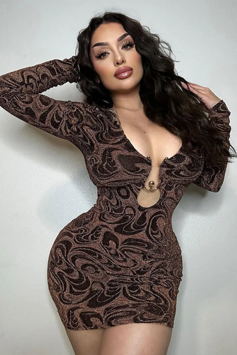 V Neck Brown Ripple Print Hollow Mini Dress