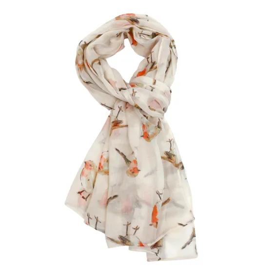 Watercolour Robins Scarf Cream