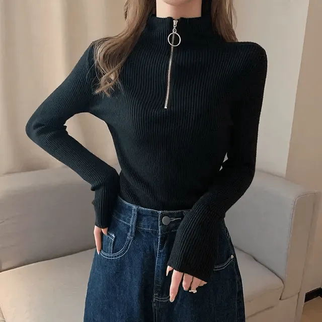 Women Turtleneck Slim T-Shirt With Zipper