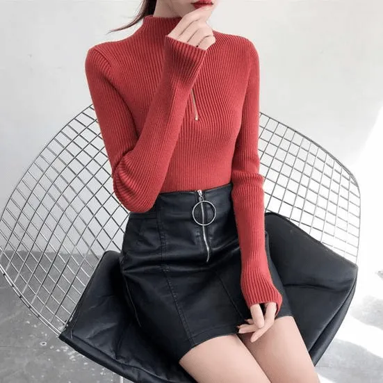 Women Turtleneck Slim T-Shirt With Zipper