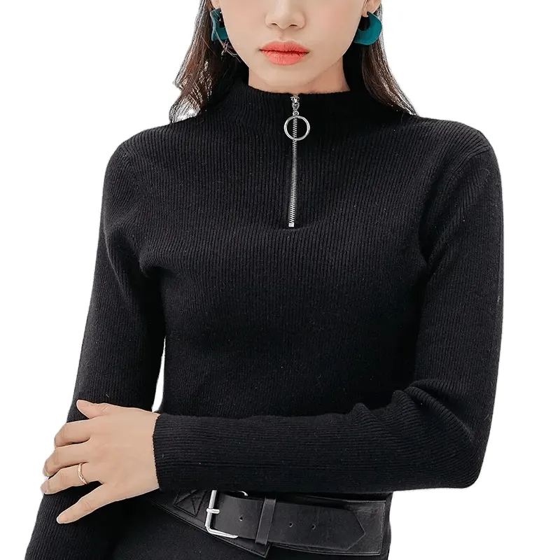 Women Turtleneck Slim T-Shirt With Zipper