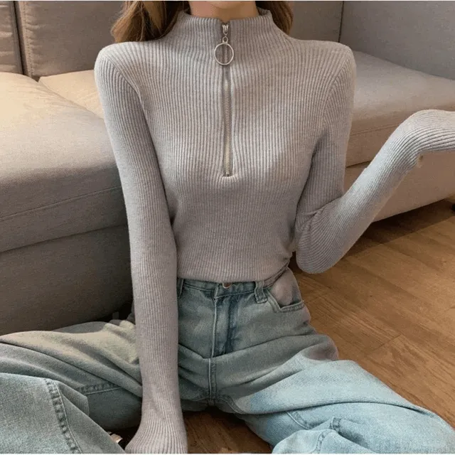 Women Turtleneck Slim T-Shirt With Zipper