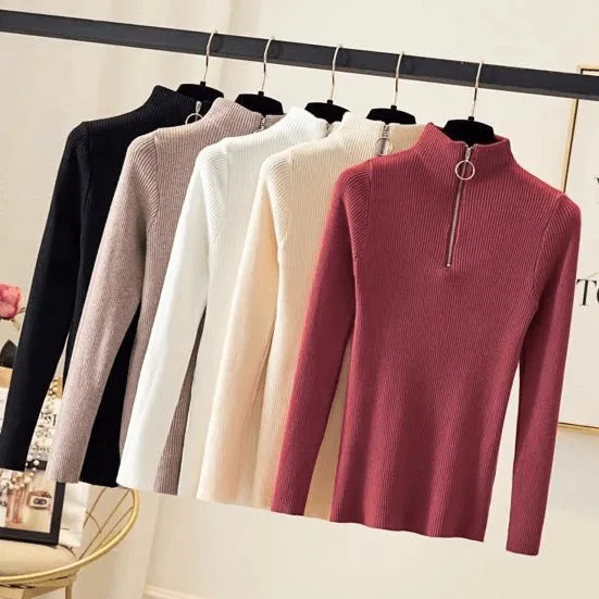 Women Turtleneck Slim T-Shirt With Zipper