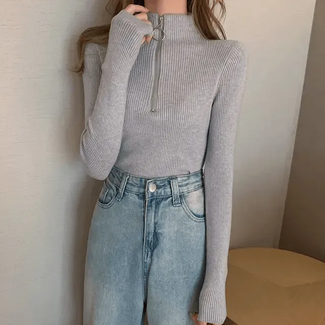 Women Turtleneck Slim T-Shirt With Zipper