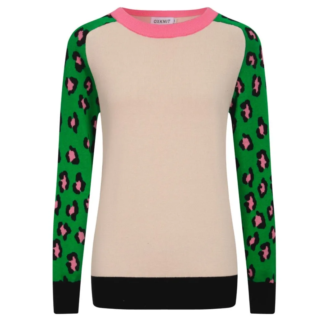 Women's green matching leopard-print knit sweater