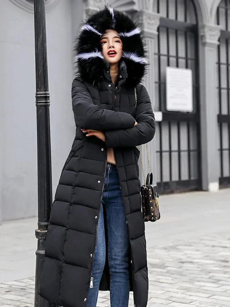 Women's Korean Style Belted Slim Fit Padded Parka with Faux Fur Hood