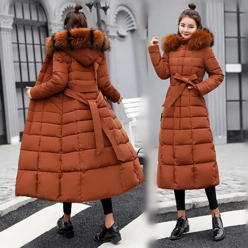 Women's Korean Style Belted Slim Fit Padded Parka with Faux Fur Hood